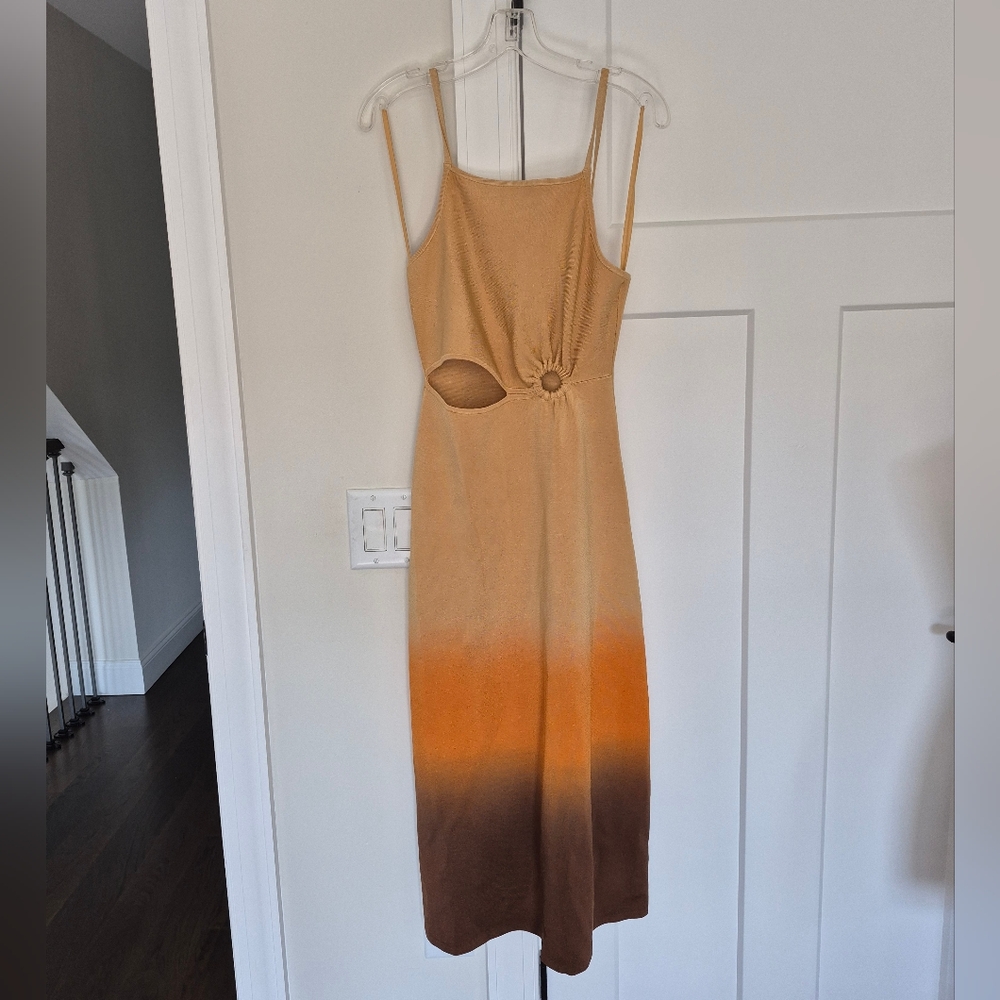 Sandro Paris Dress Aja Midi Beige Orange Ombre Cut Out Stretch Knit Size 38 (6) - Picture 6 of 14
